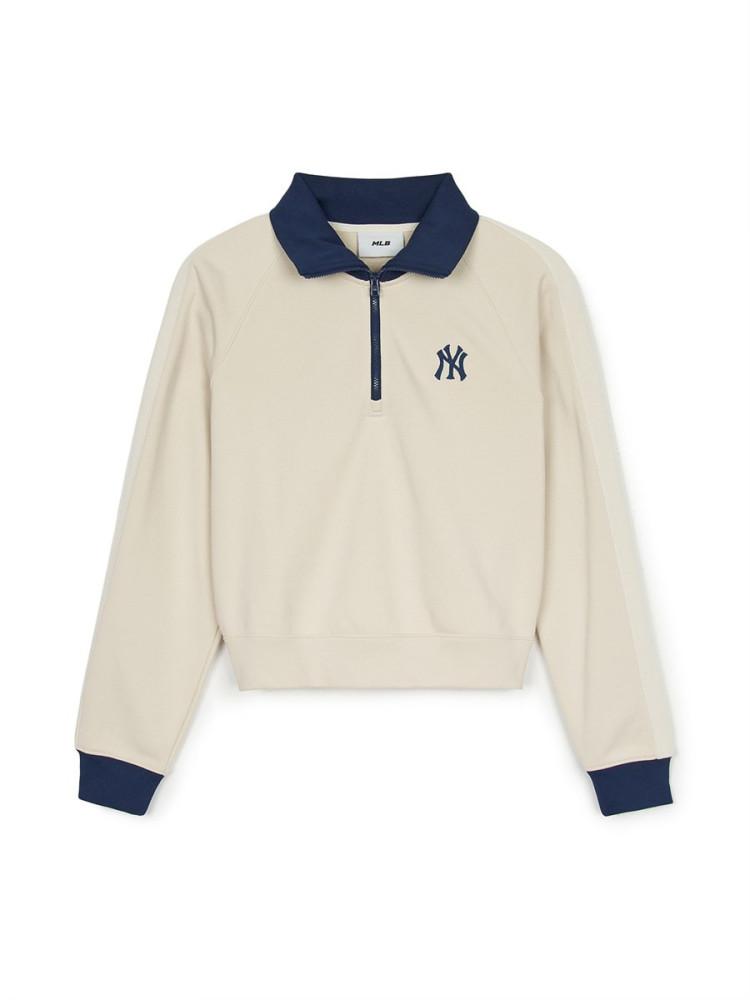 [MLB] 여성 스포티브 바시티 컬러블록 크롭 반집업 맨투맨 NY (D.Cream) 3FMTV1244
