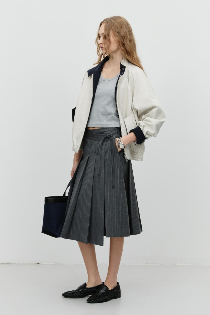 [VALENTINE] RIBBONED WIDE PLEATS SKIRT GREY STRIPE
