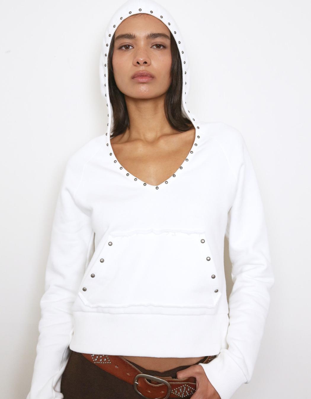 Studded Pocket V-Neck Hoodie - Ivory