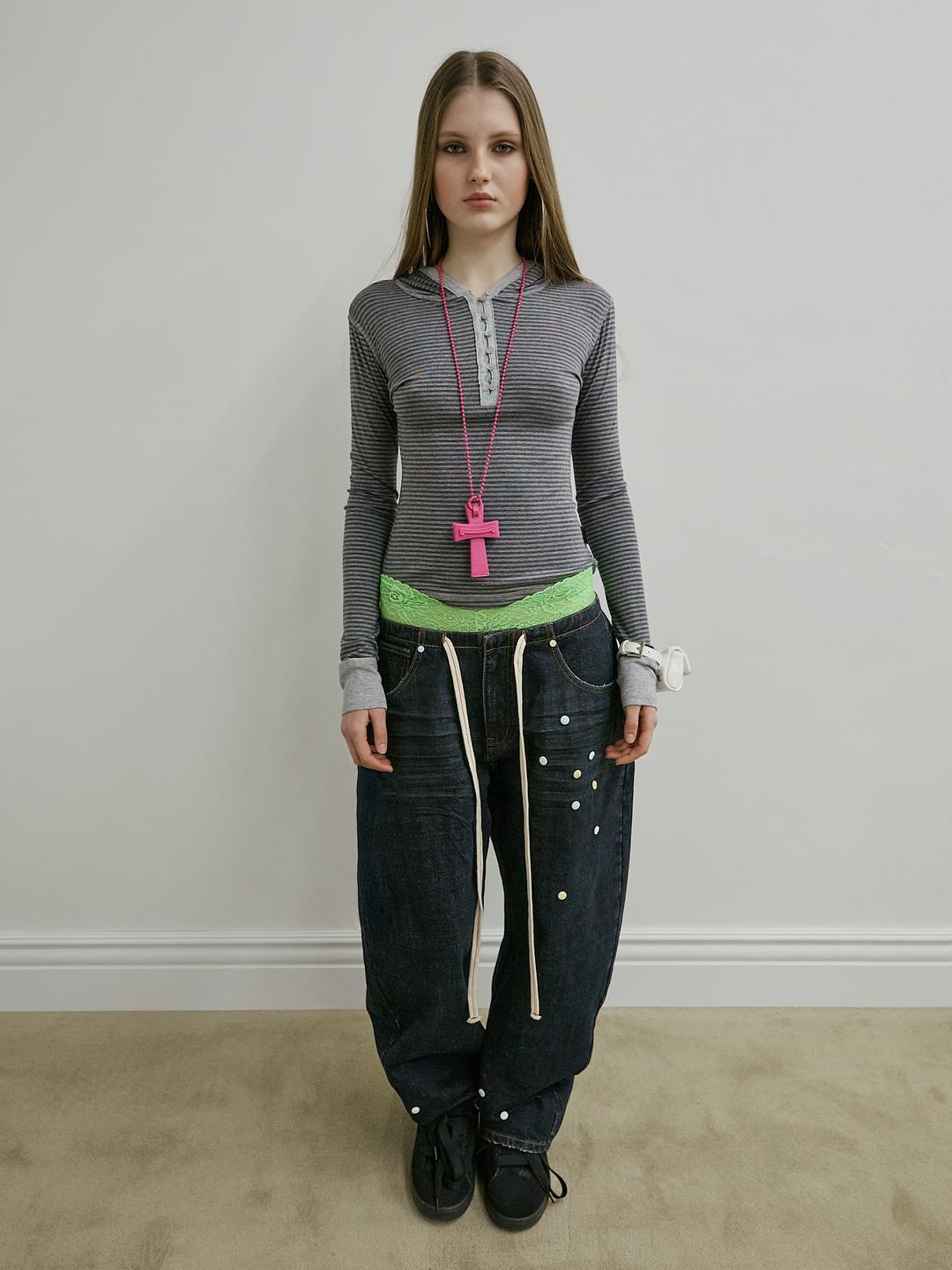 Striped Button Down Hoodie Charcoal