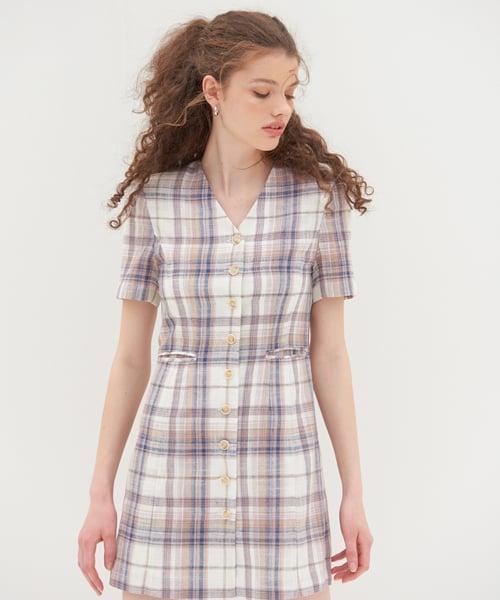 브이 넥 테일러 원피스_체크