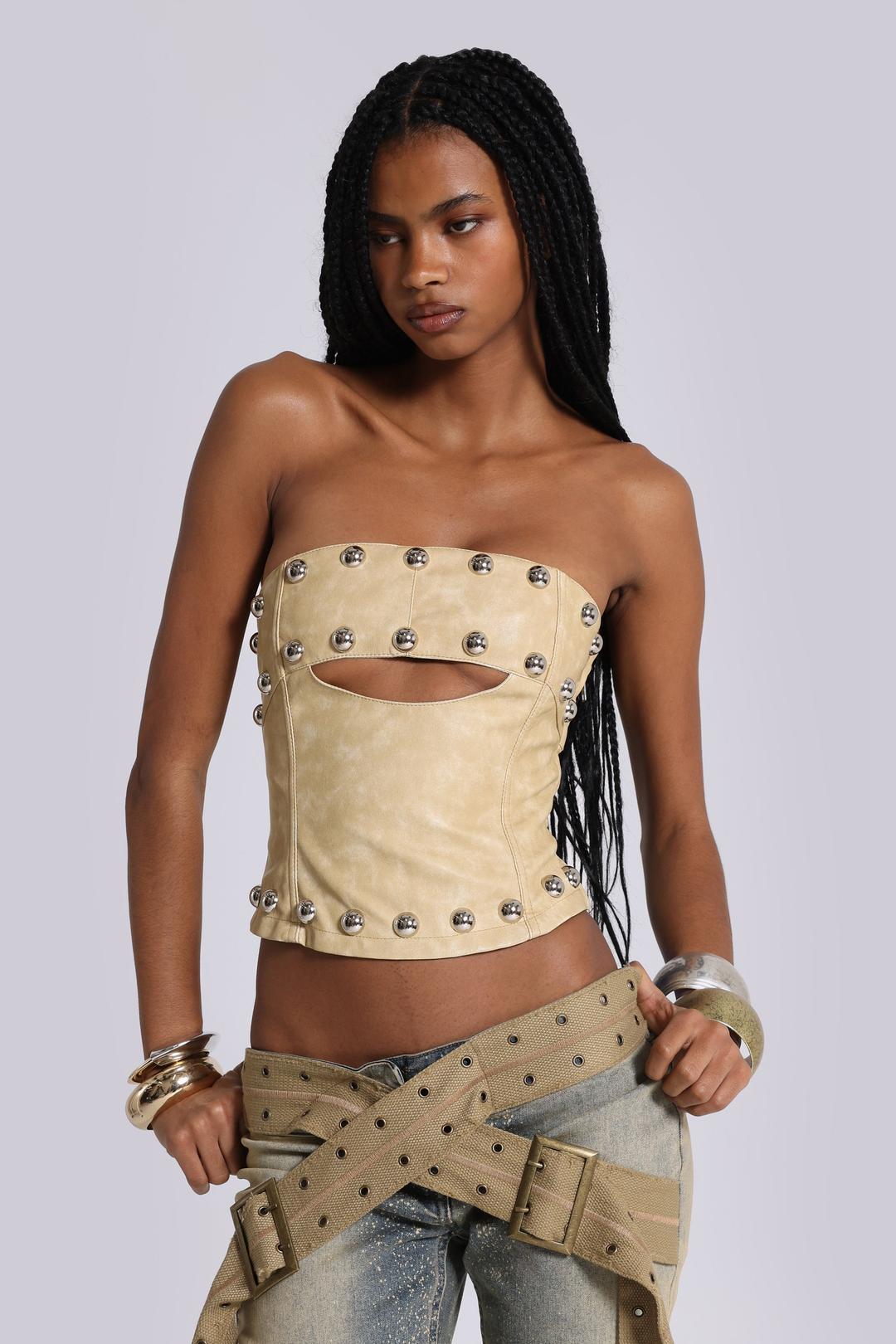 Vinta PU Leather Studded Corset Top - UK 4 / Cream