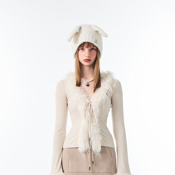1JINNSTUDIO v-neck fur decorated knitwear