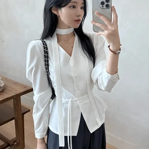 f/w [자체제작] [타이set] 피오니 타이 허리끈 퍼프 브이넥 블라우스 (타이블라우스,타이티,퍼프블라우스,타이브이넥블라우스,브이넥블라우스,허리끈블라우스,허리끈티셔츠,하객룩,퍼프브이넥블라우스)