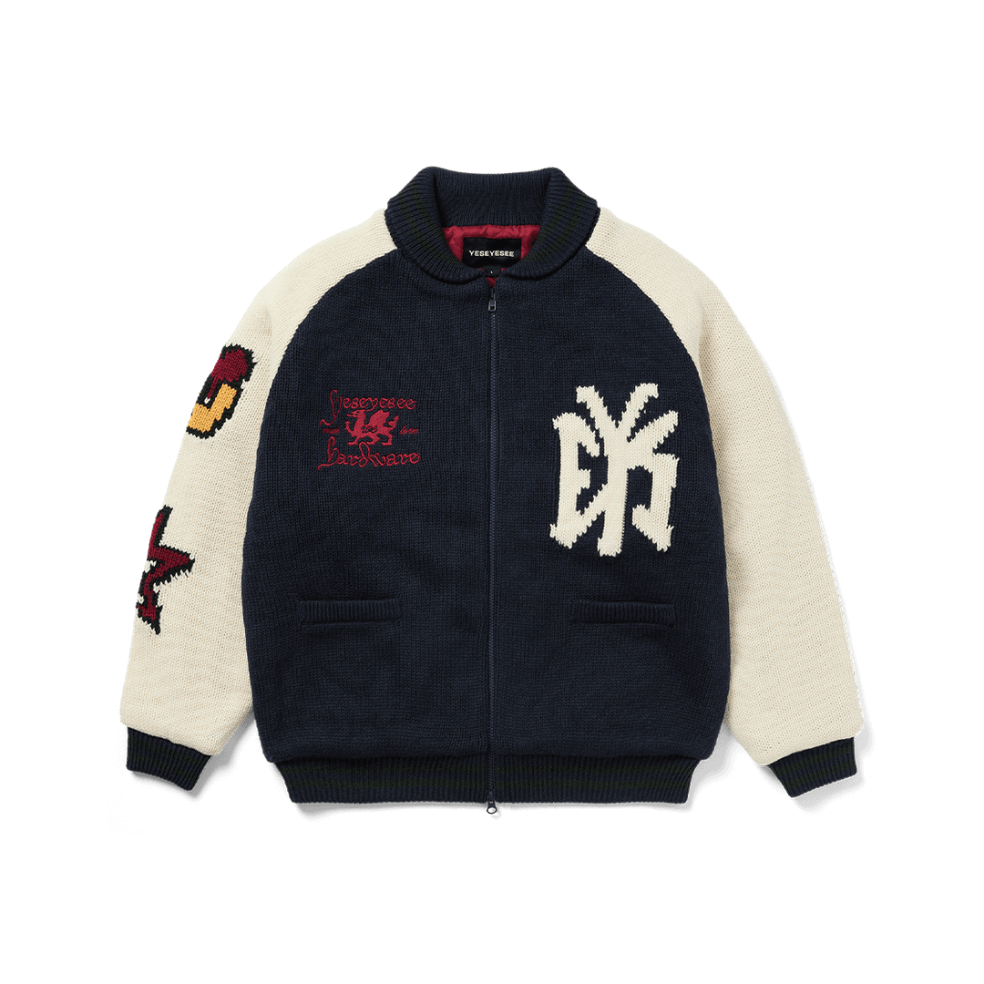 YESEYESEE Raglan Knit Varsity Jacket Navy