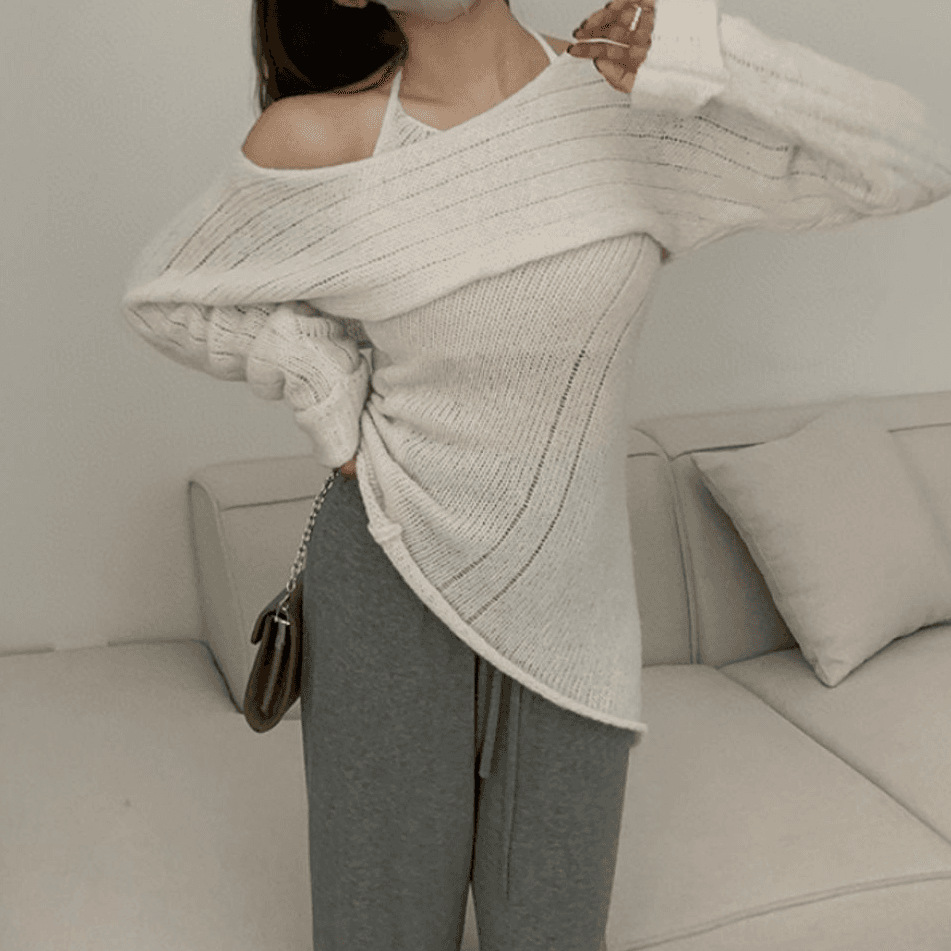 데일리탭 린느 오프숄더 언발 홀터넥 볼레로 나시 니트set