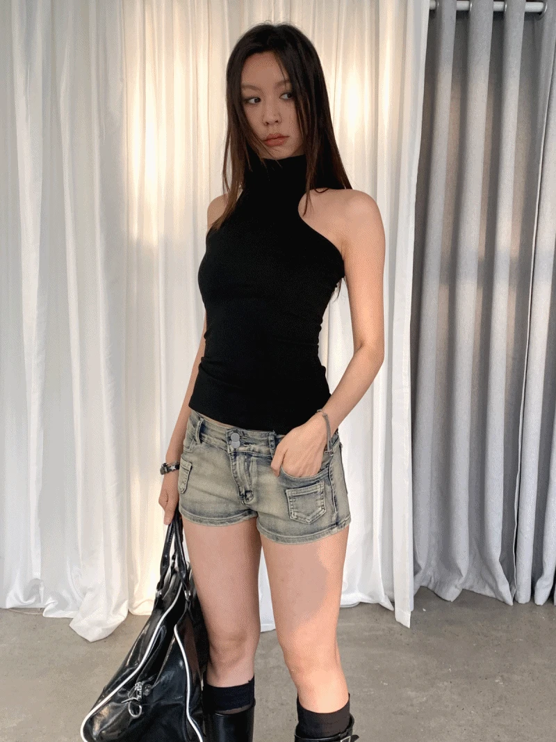 슬림 컬러 반폴라 민소매 티