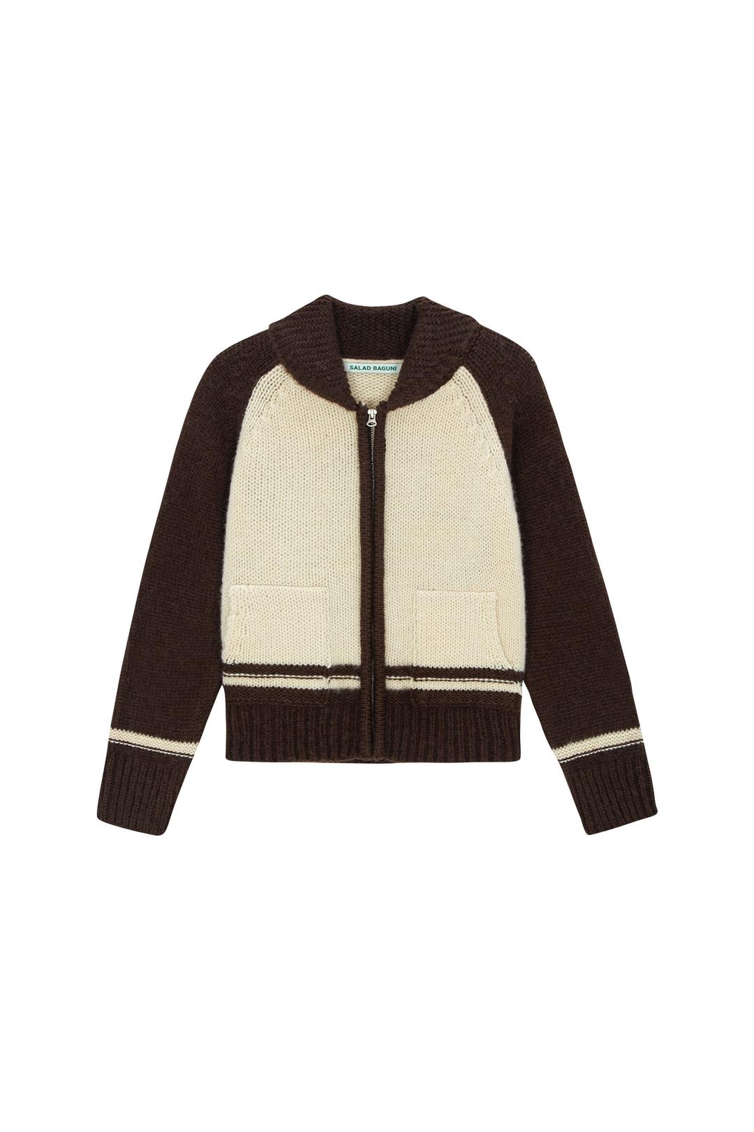 Flower Barsity Zipup Wool Jacket - brown cream