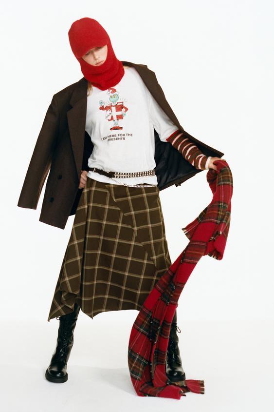 플레어 체크 미디 스커트