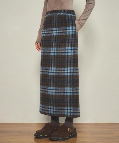 vintage check skirt_Blue Brown