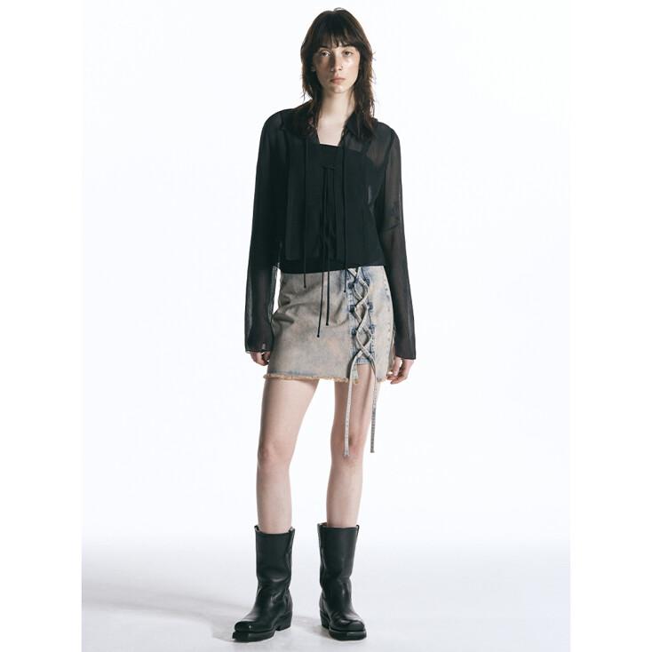 레이스업 데님 미니 스커트 PINK