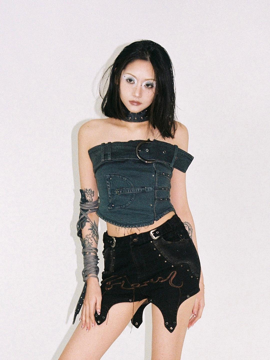 Shaped Strapless Design Denim Top