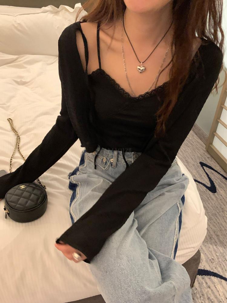 (당일/쿠폰) Poster 포스터 릴레이스 나시 가디건 세트 아이 블랙 스판