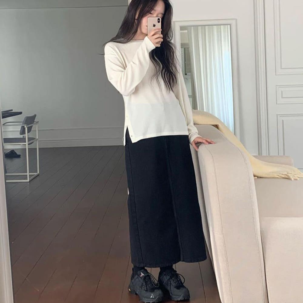 [당일] jinsim 진심 솔트 기모 스커트 흑청 데님 H라인 뒤트임 롱 겨울 청 치마