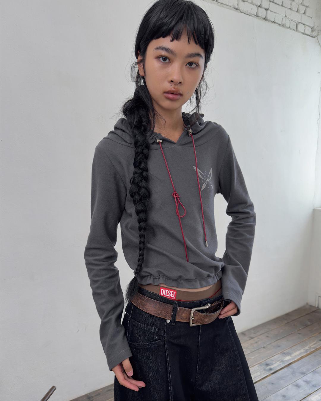 GRAPHIC LEATHER STRING TERRY HOODIE-CHARCOAL