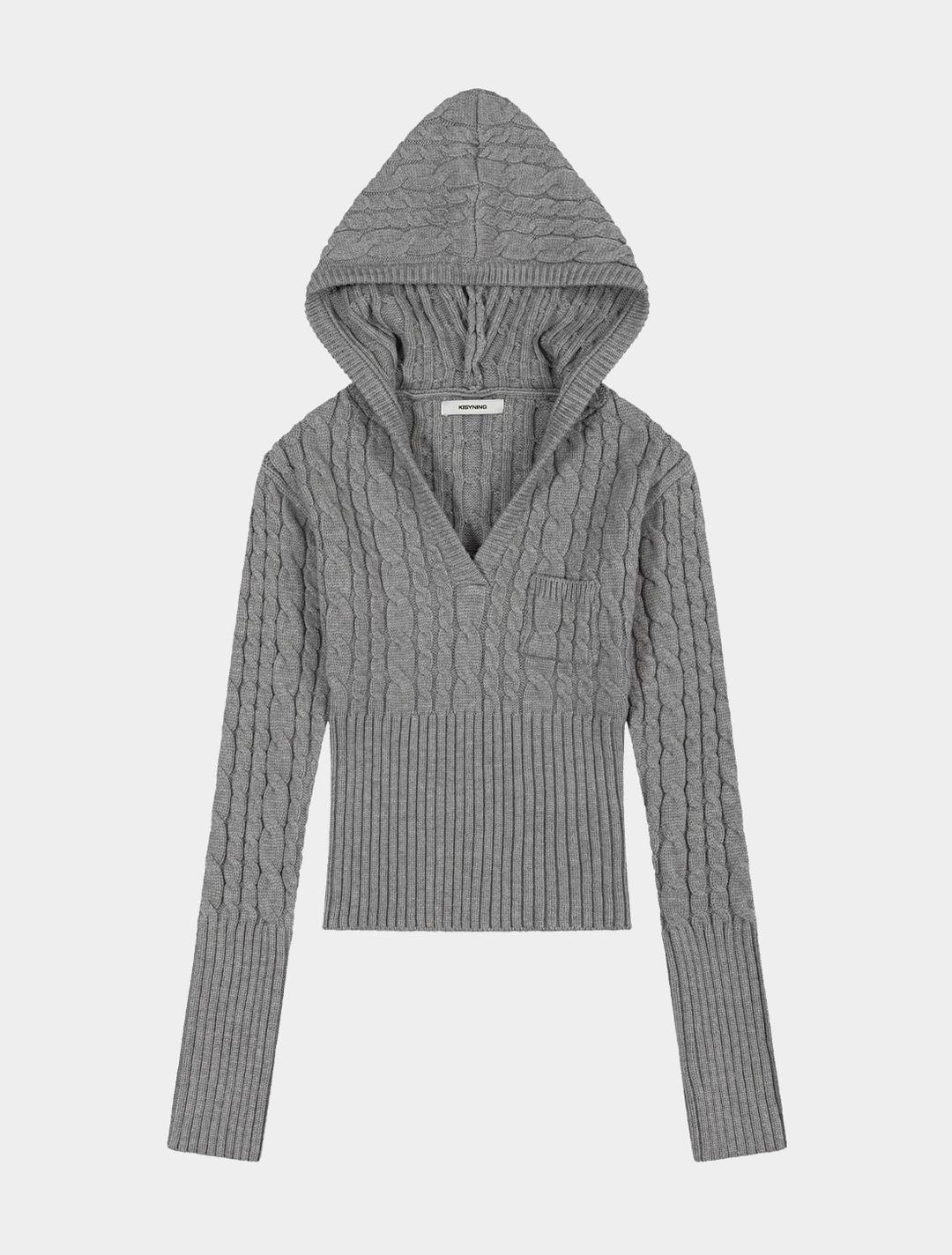 Twist Crochet V-neck Hoodie (Gray)