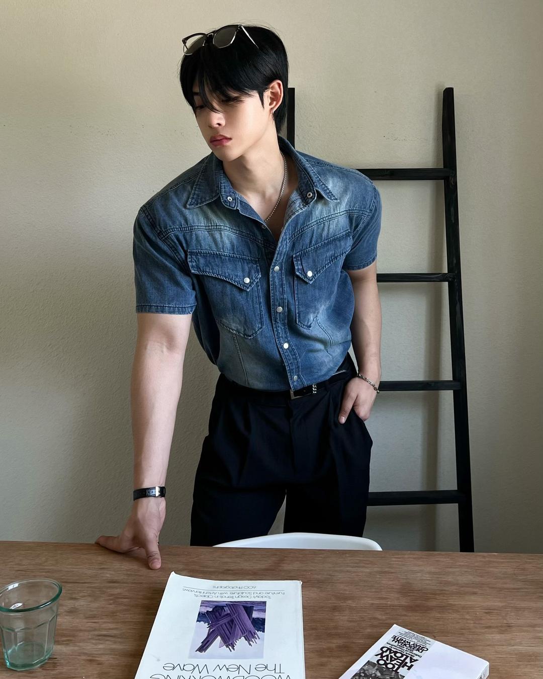 [중청 당일출고] Ever 머슬핏 데님 웨스턴 반팔 셔츠