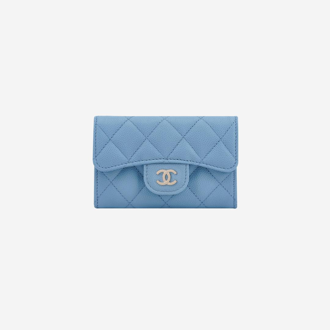 Chanel Classic Card Holder Grained Shiny Calfskin & Gold Light Blue