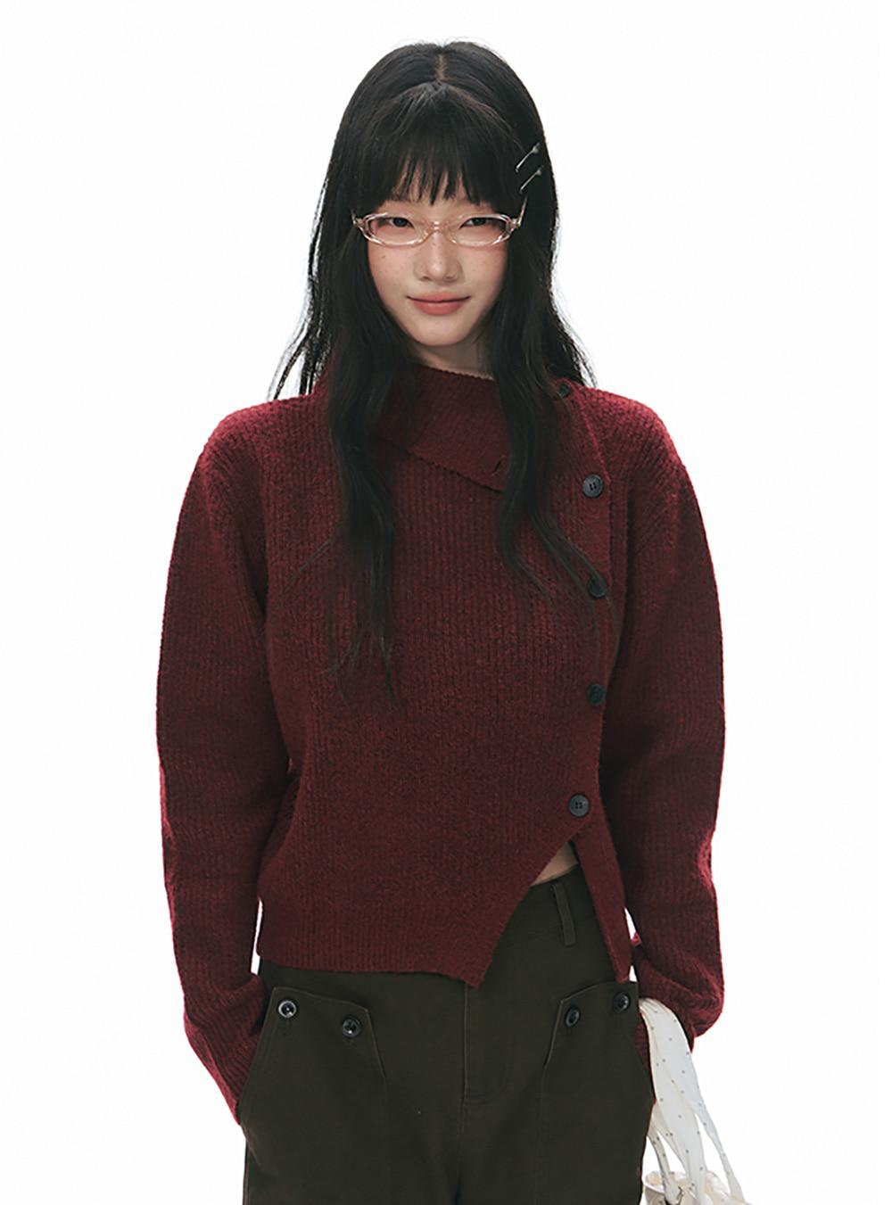 Diagonal High Neck Red Knit Sweater