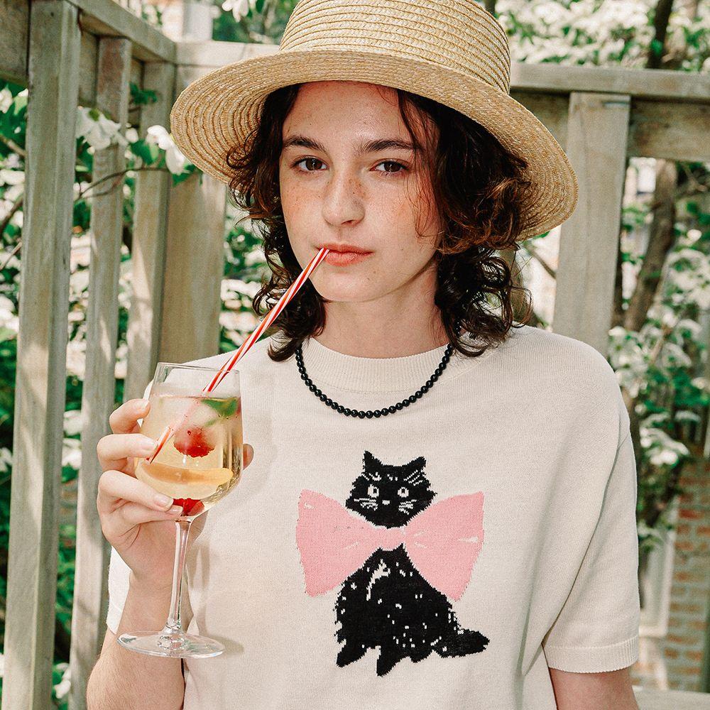 RIBBON CATS SHORT SLEEVE KNIT IVORY