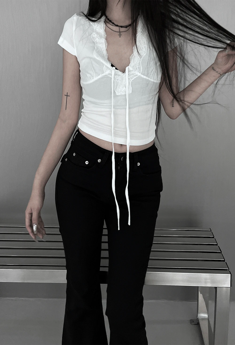 lace strap short sleeve T