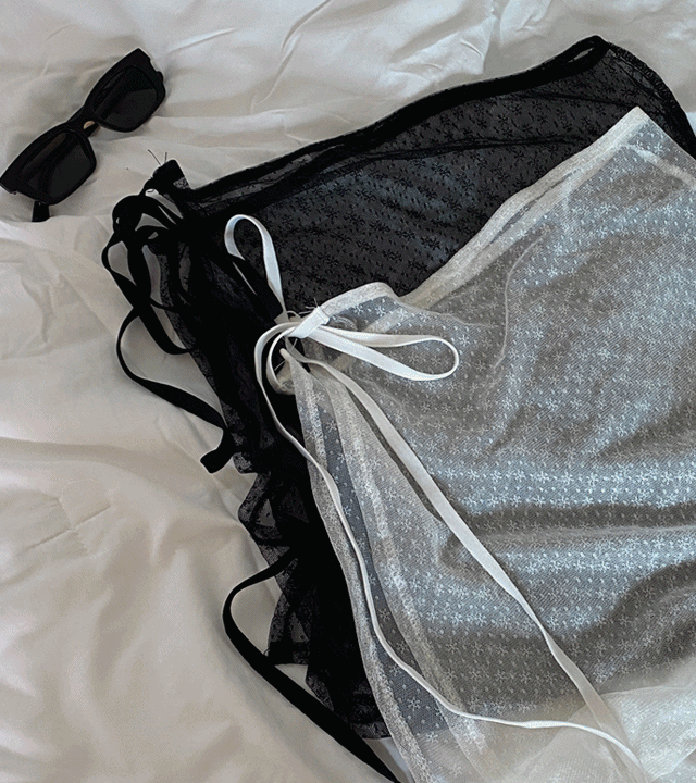 *당일출고가능[핫트렌드] 레이스 플라워 자수 시스루 리본끈 스트랩 레이어드 미니 랩스커트