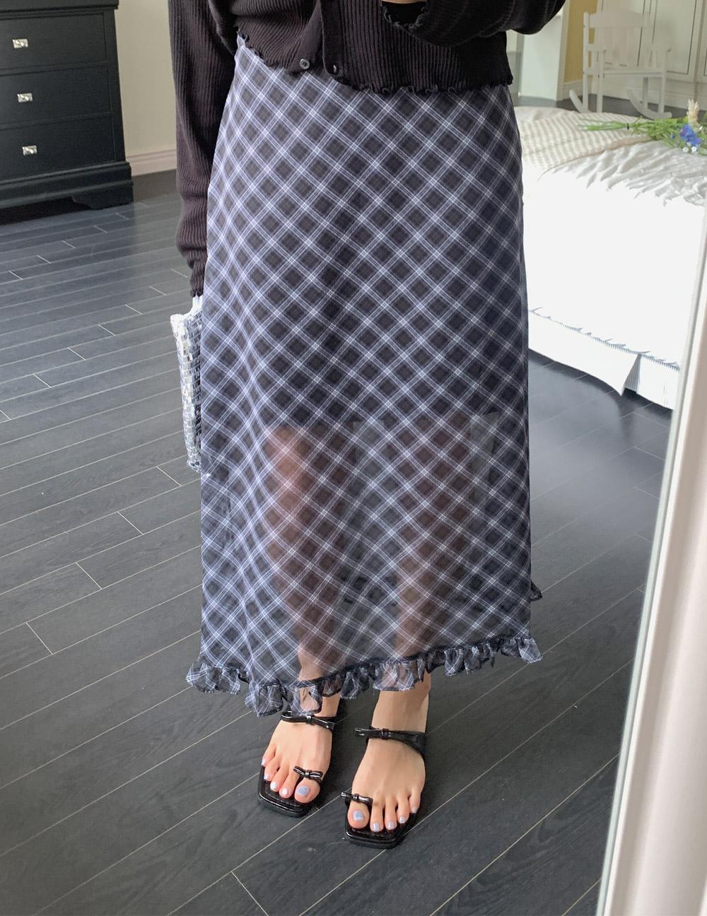 프릴 체크 레이어드 롱스커트