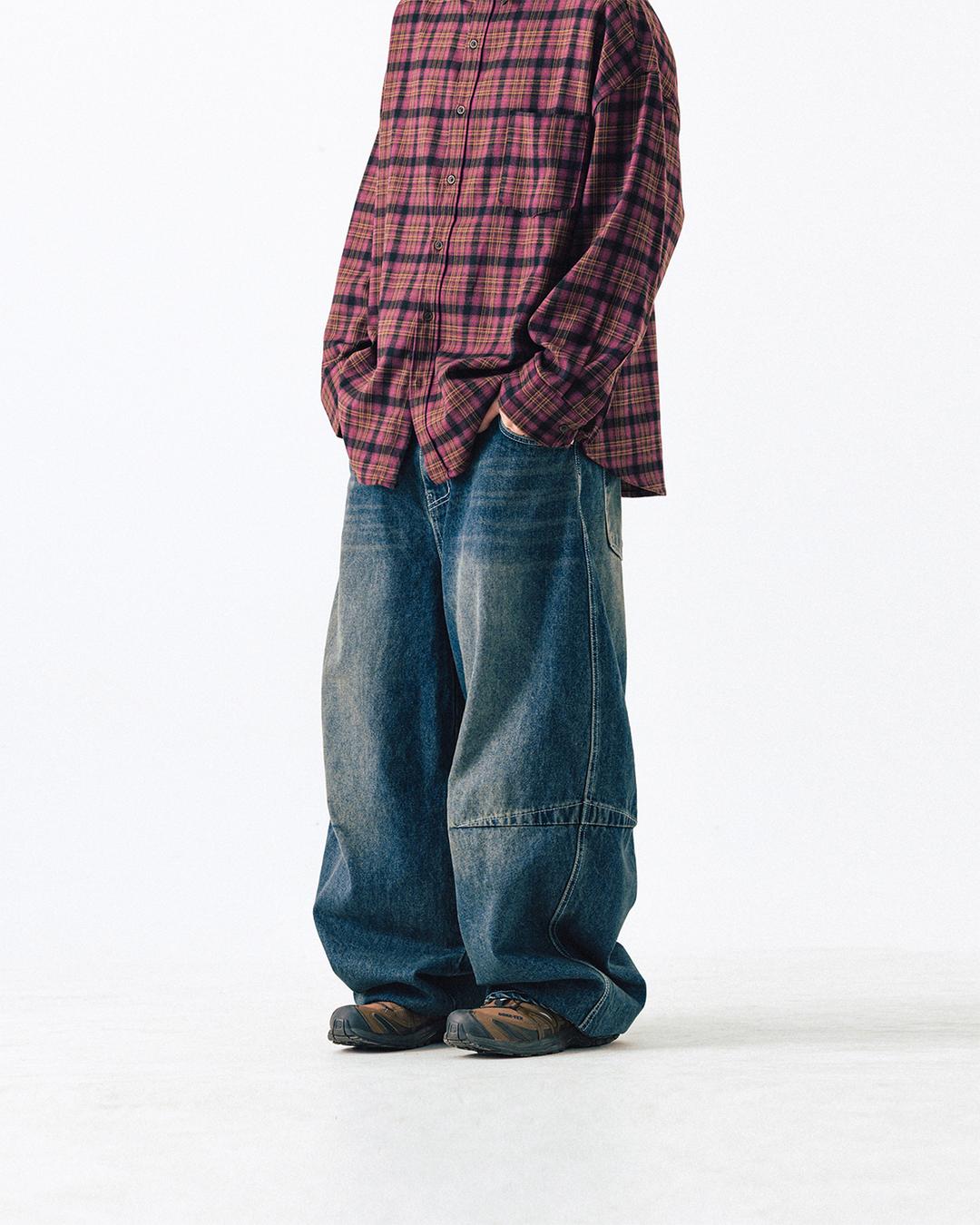 Curved Wide Denim Pants - Blue