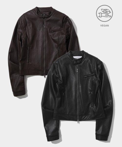 에코 넥 버튼 투웨이 슬림 라인 레이싱 레더 자켓 점퍼