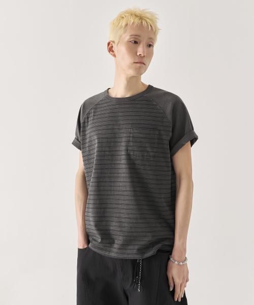 [크롭] 스트라이프 크롭 워싱 반팔 티셔츠_차콜