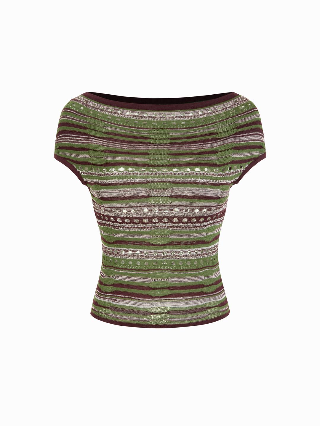 Knit Striped Pointelle Off-Shoulder Short Sleeve Top