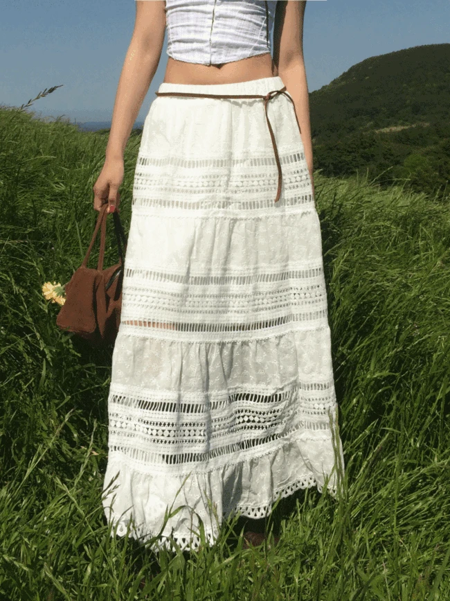 [휴양지룩/핀터레스트]레이스 캉캉 롱 밴딩 여름스커트