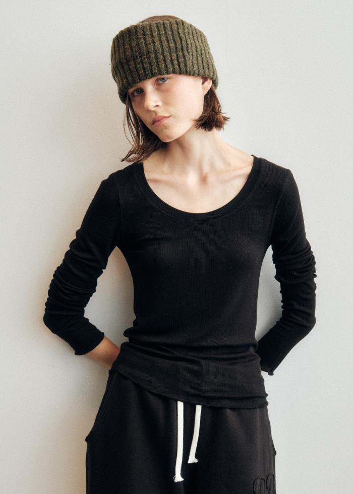 Contrast Stitch Soft U-neck Long Sleeve T-Shirt_CTT393(Black)