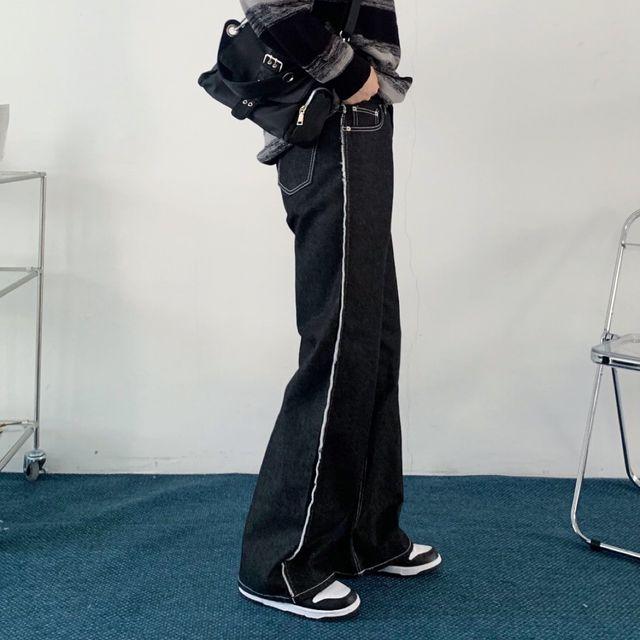 원스티치 라인 롱 와이드 생지 데님 팬츠_인더모어