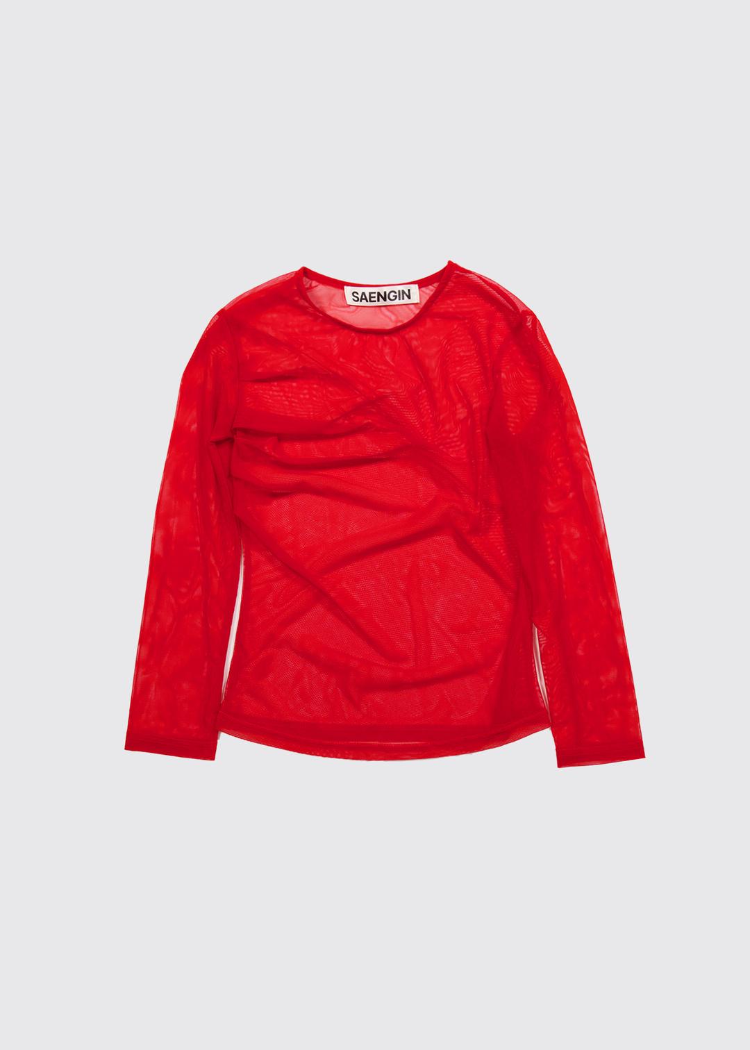[7/4 출고] SHIRRING DETAIL TULLE ELBOW-LENGTH SLEEVE - RED (TULLE)