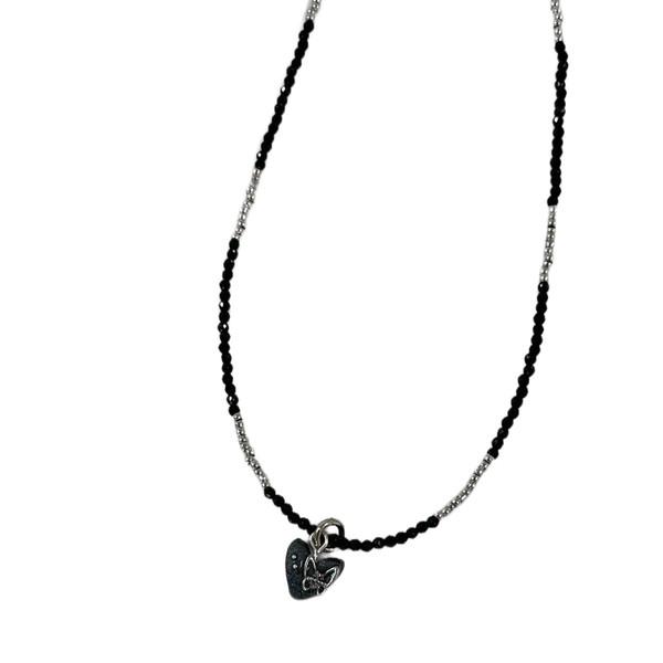 [viviflo] heart black silver necklace / 하트실버블랙비즈목걸이