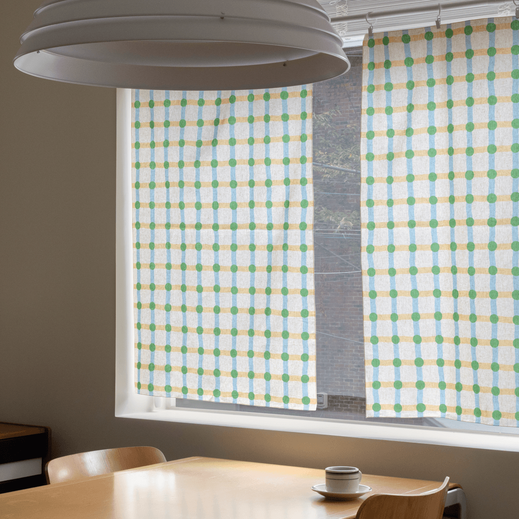 DOT CHECK WINDOW CURTAIN - GREEN ON BEIGE