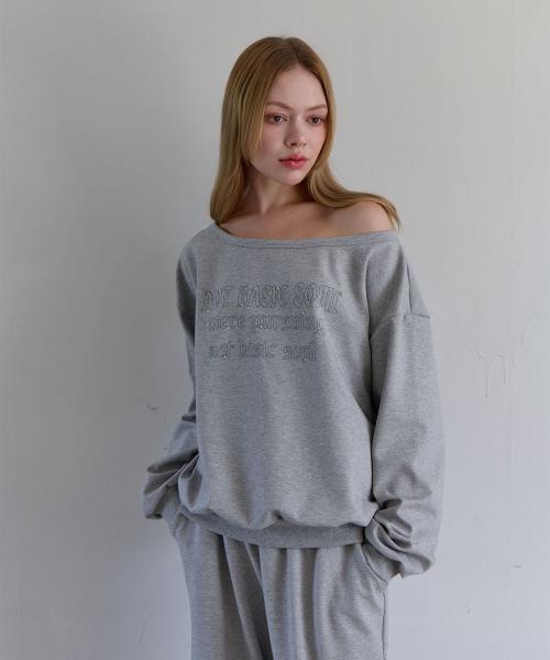스타 리벳 레터링 오프숄더 스웻 셔츠 (멜란지 그레이)