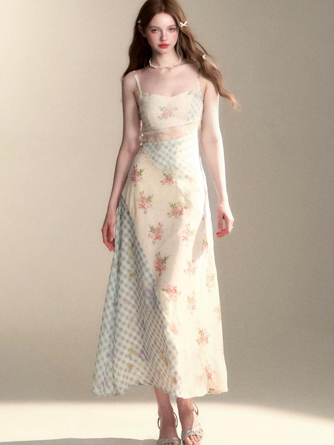 Check Floral Cut-out Lace Panels Slip Dress