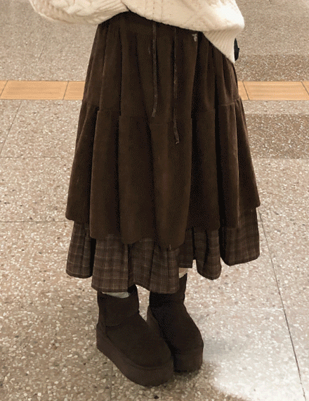 빈블 [빈티지/안감O] 듀플릿 밴딩 골덴 코듀로이 체크 스트링 레이어드 롱스커트