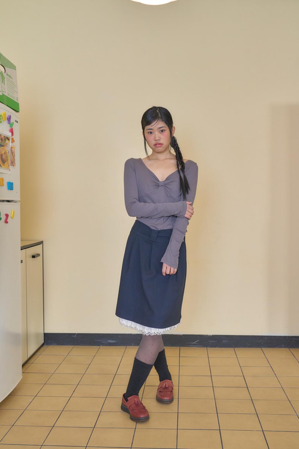 BOW WOOL LACE SKIRT (NAVY)