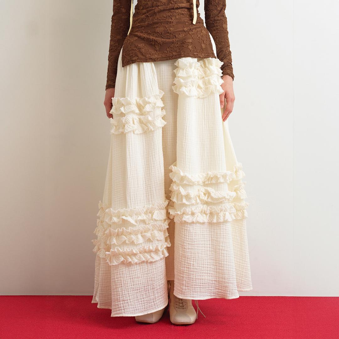UNBALANCE FRILL MAXI SKIRT - CREAM