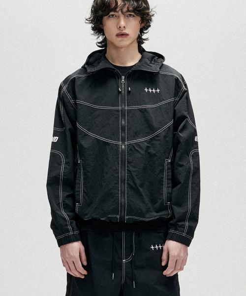 Segment Line Nylon Windbreaker Jacket - Black