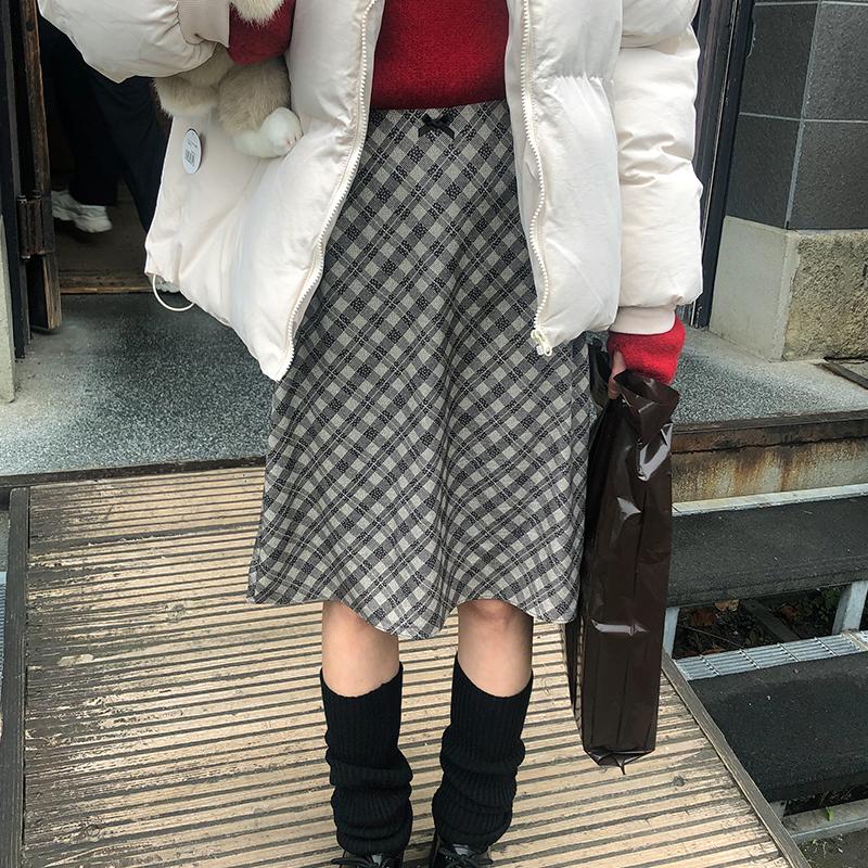 프롬비기닝 미니리본 체크 미디 스커트 (2color)(스커트,미디스커트,롱치마,롱스커트,겨울치마)