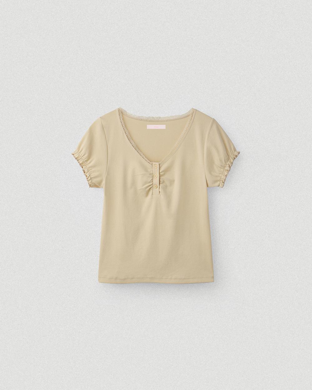 Lace Shirring Tee_Beige