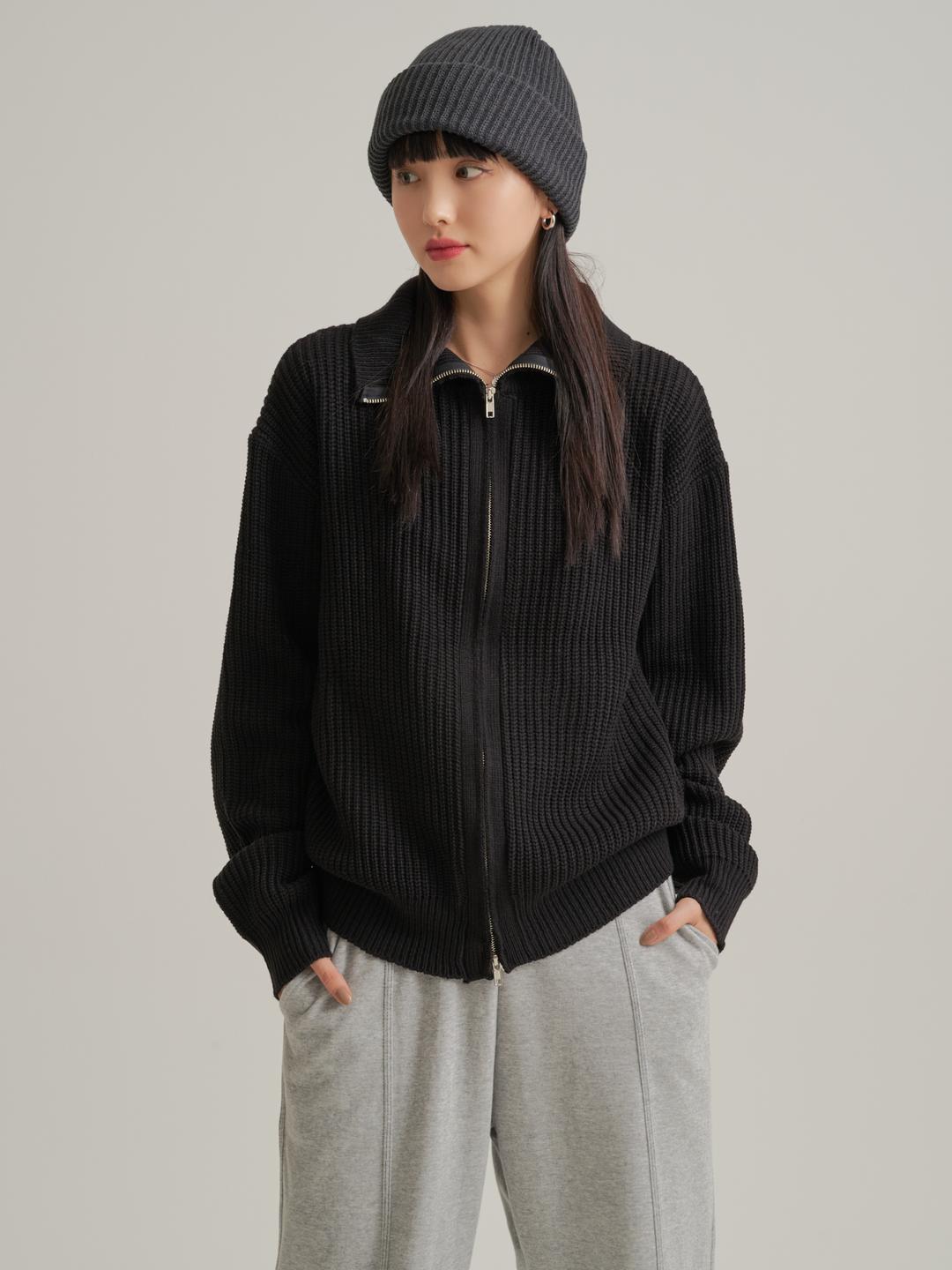 [남녀공용] 투웨이 니트 집업 - 블랙