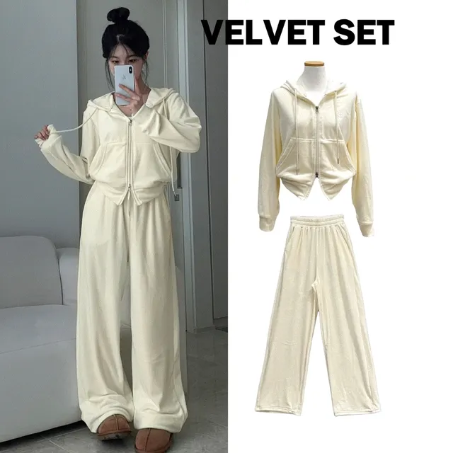 [세트가격✨] 벨벳 자수 크롭 후드집업 와이드 세트