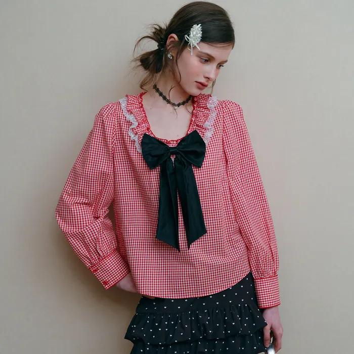 Cest_Check ribbon blouse
