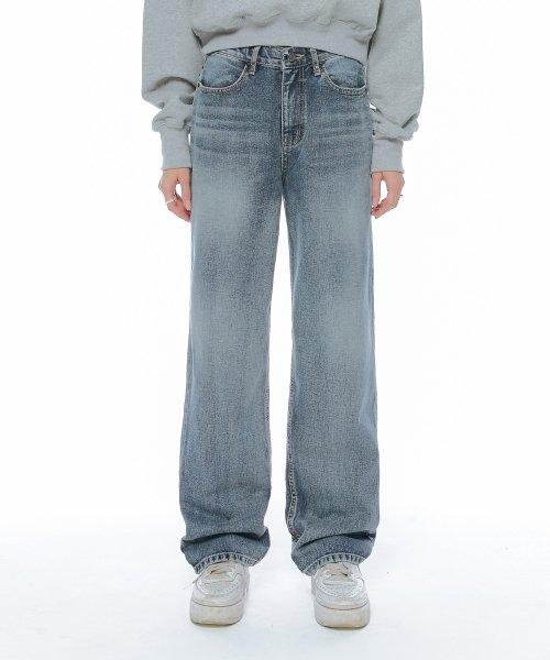 [CONA 9426] 커버밴드 와이드루즈 캣 브러쉬 포인트 데님 팬츠 (진청)