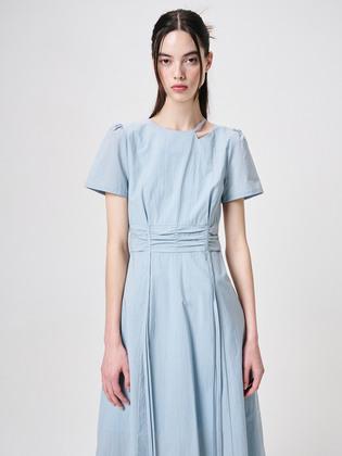 Neck Cut-Out Shirring Dress, Sky Blue